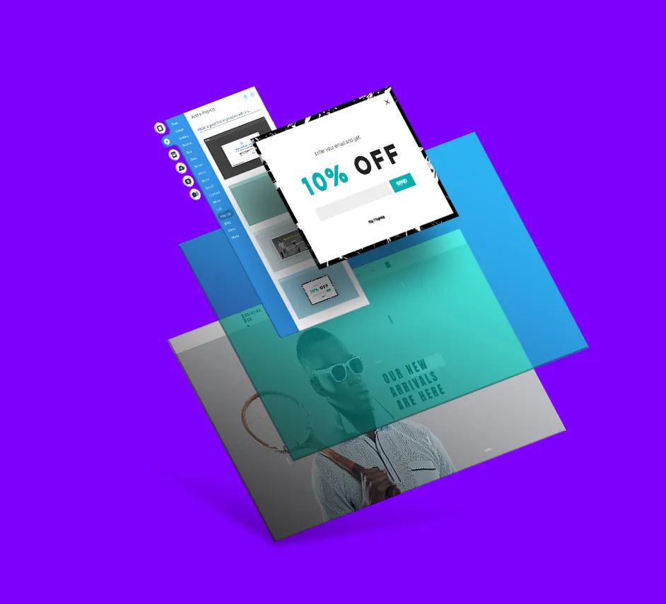 Website mockup with a 10% off email sign-up pop-up, the kind of ad that compliance AI tools like Voxly Vision check