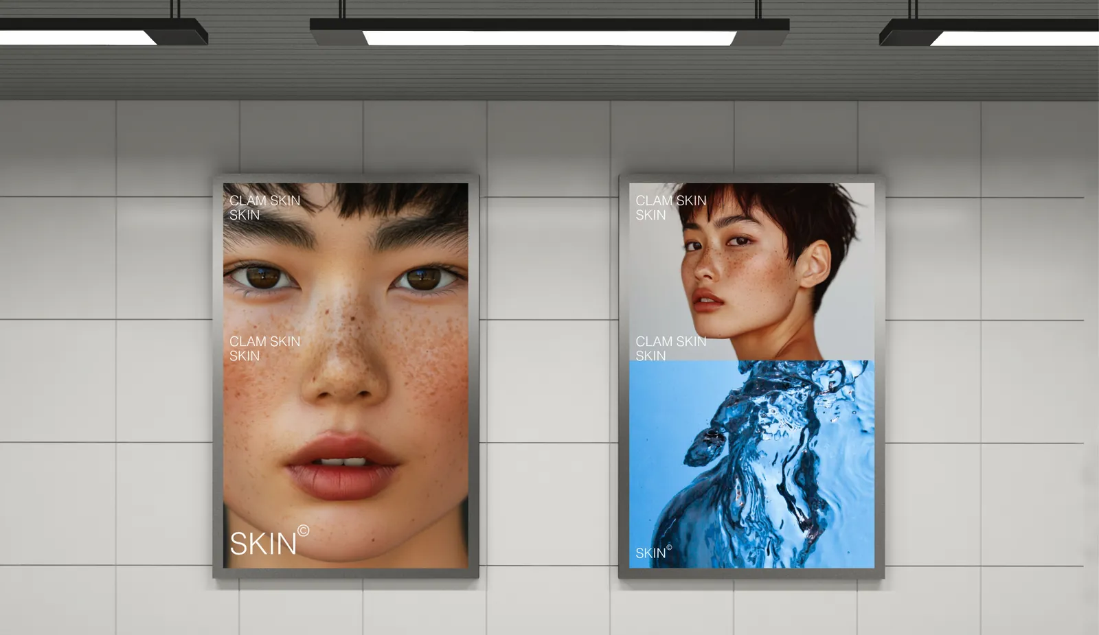 Two skincare ad posters on an underground station wall, the kind of out-of-home ads compliance AI tools check