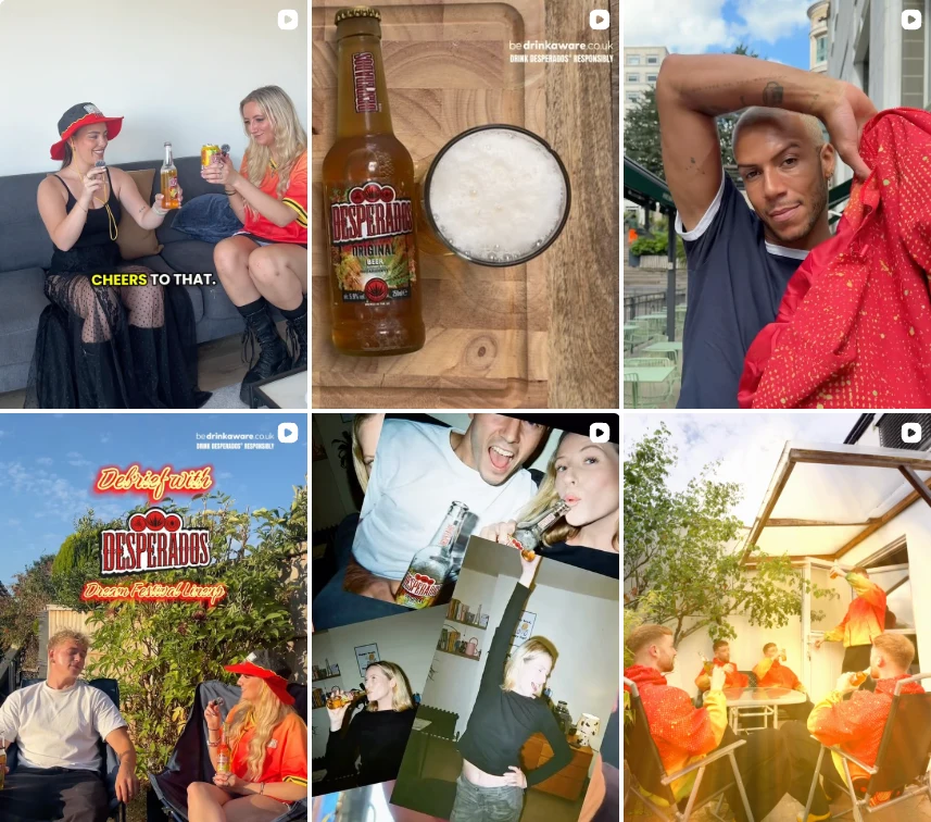 Six recent posts from an alcohol brand's Instagram feed, the kind of social and influencer content Voxly Vision checks