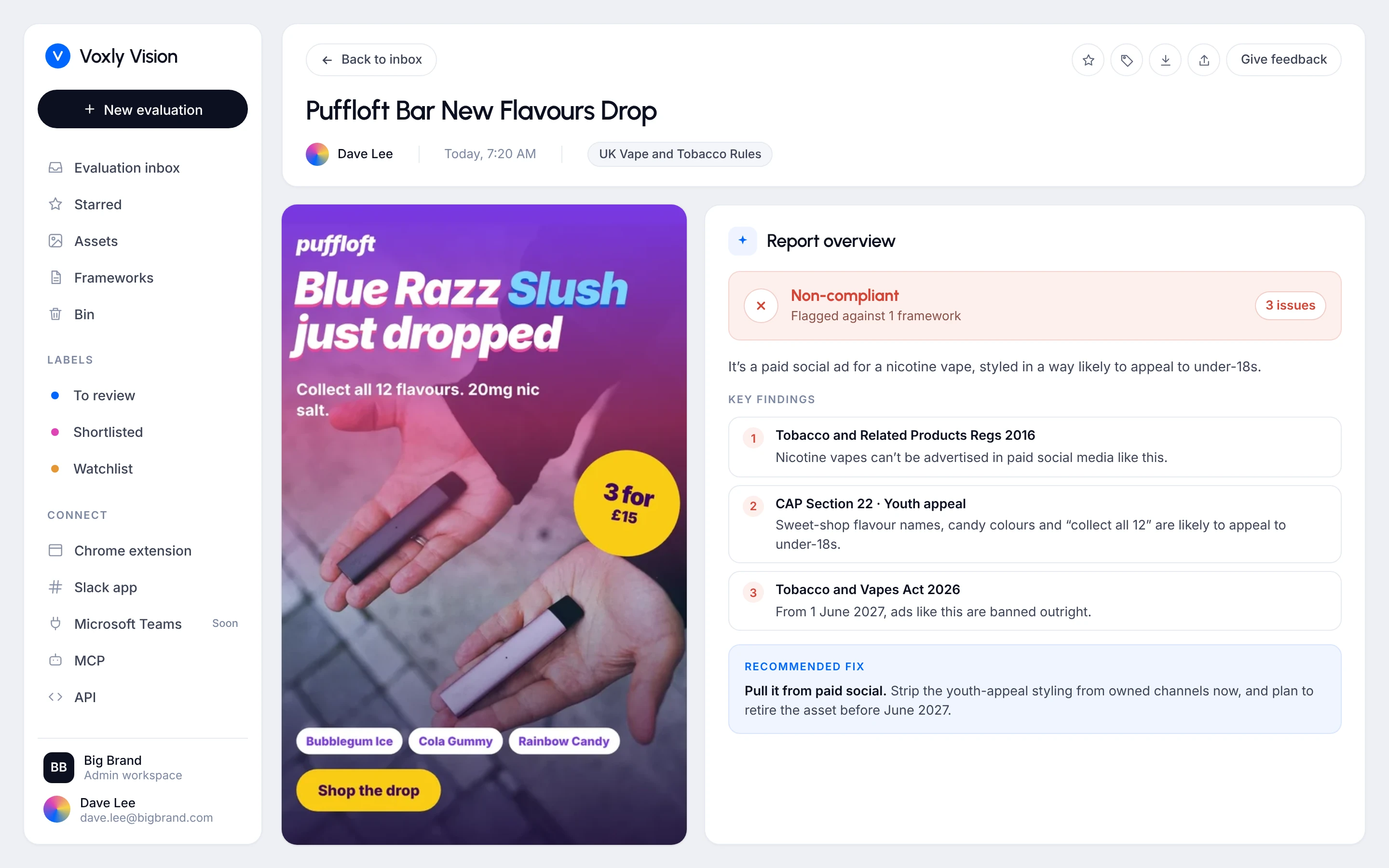 Voxly Vision compliance report for a vape flavour ad, flagging paid social nicotine advertising, youth appeal and the June 2027 ad ban