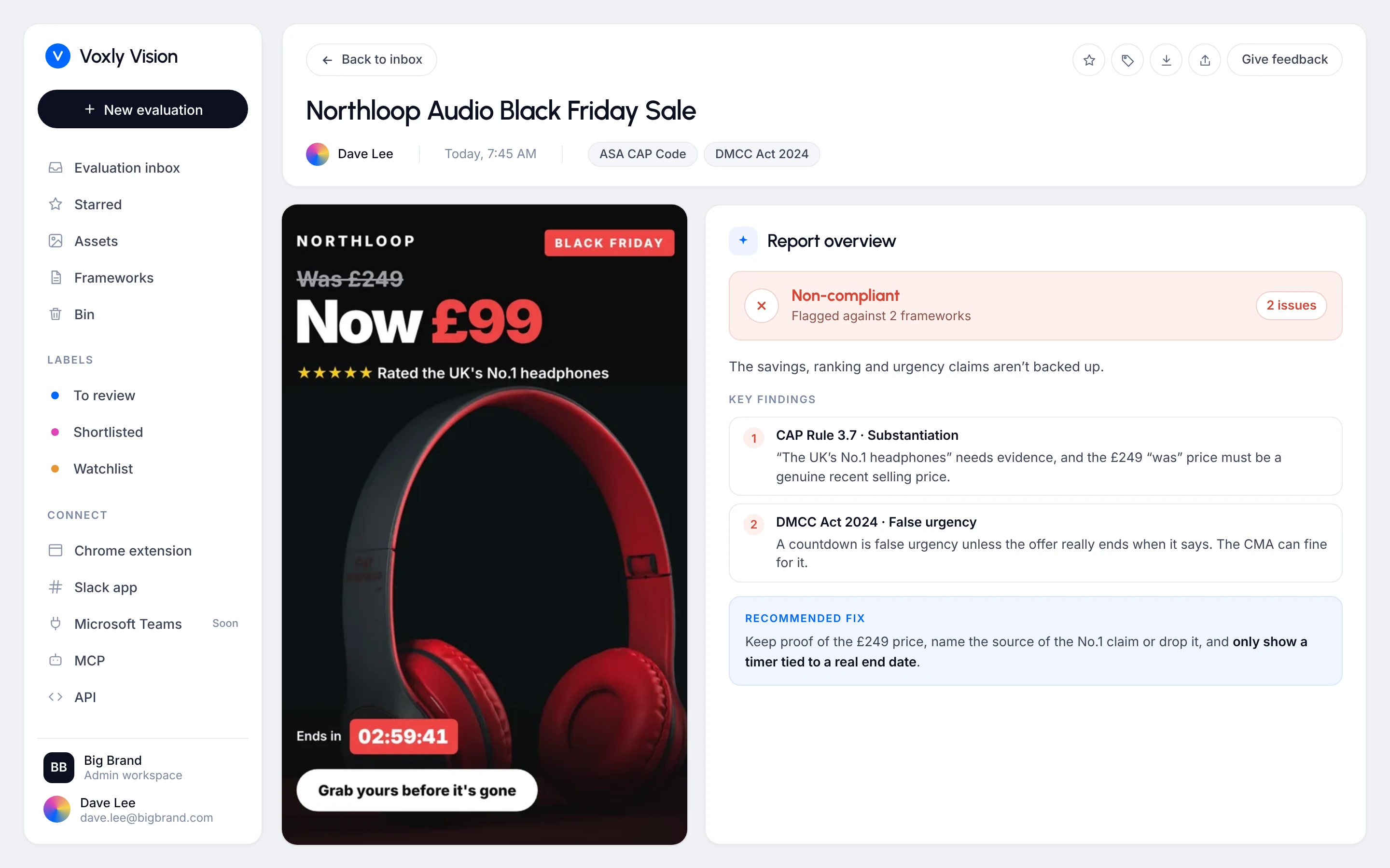 Voxly Vision compliance report for a headphones sale ad, flagging an unproven was-price, an unsubstantiated No.1 claim and false urgency