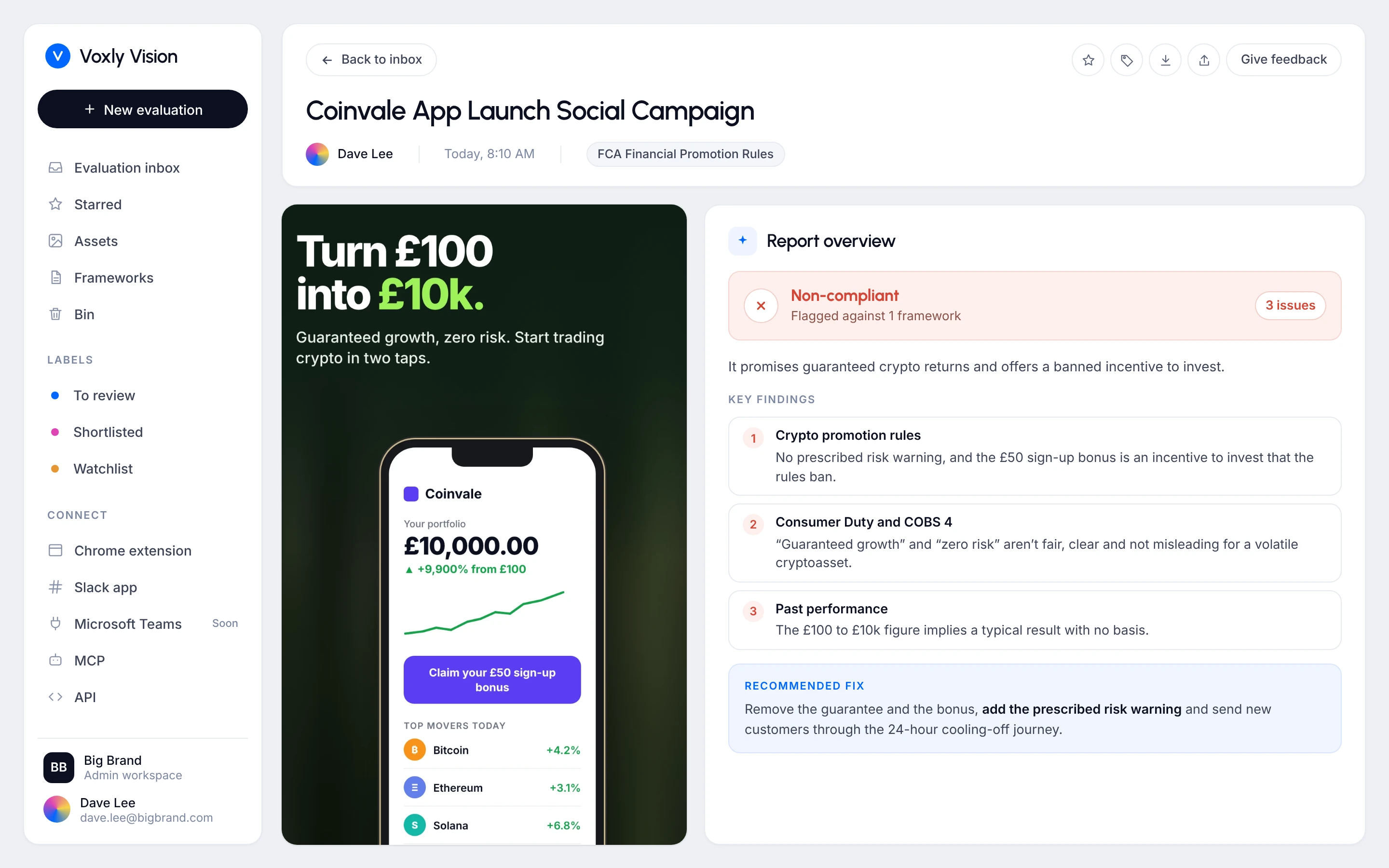 Voxly Vision report for a crypto app ad, flagged under the crypto promotion rules, Consumer Duty and COBS 4
