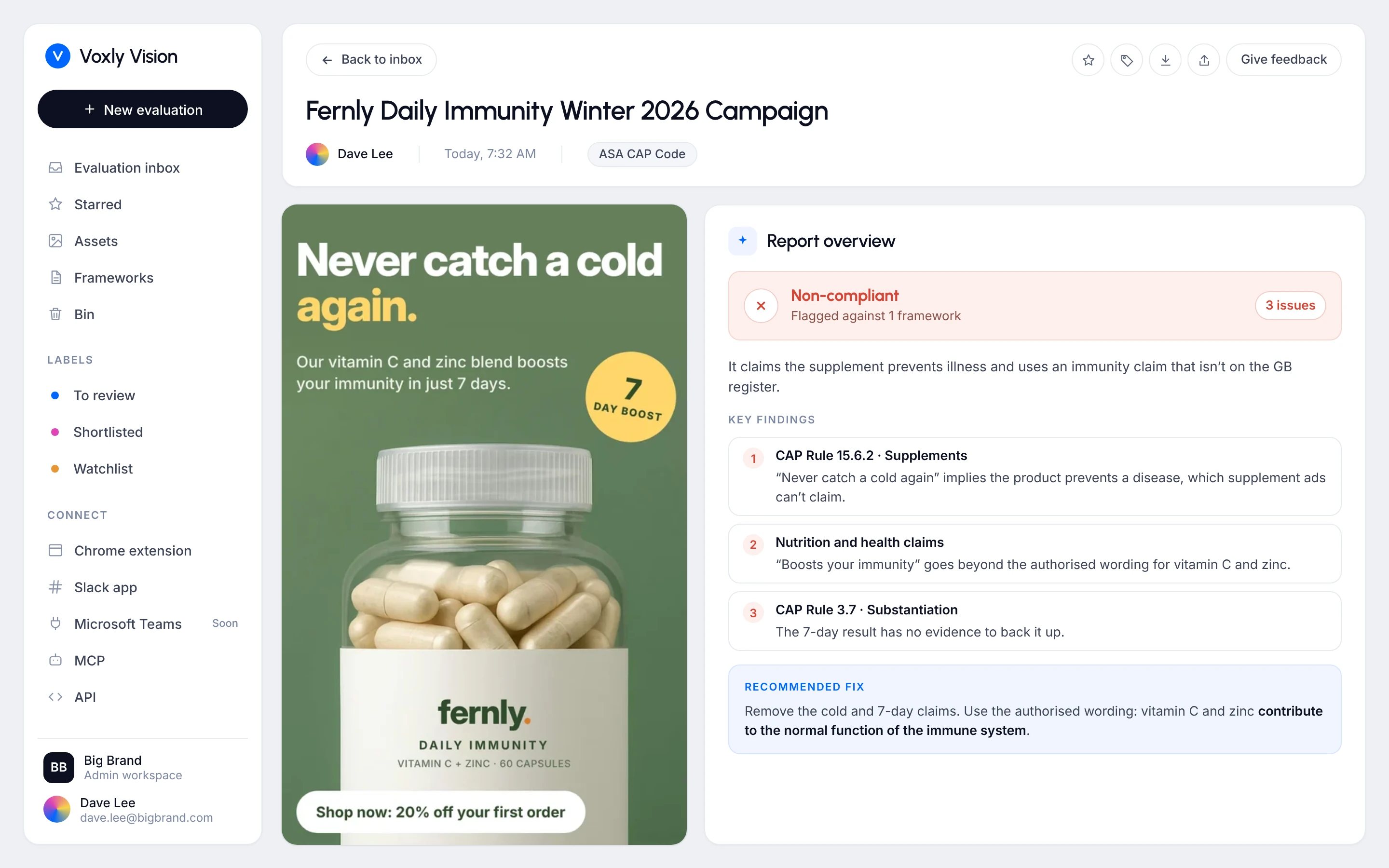 Voxly Vision report for a vitamin supplement ad, flagged under CAP rules on supplements and the nutrition and health claims register