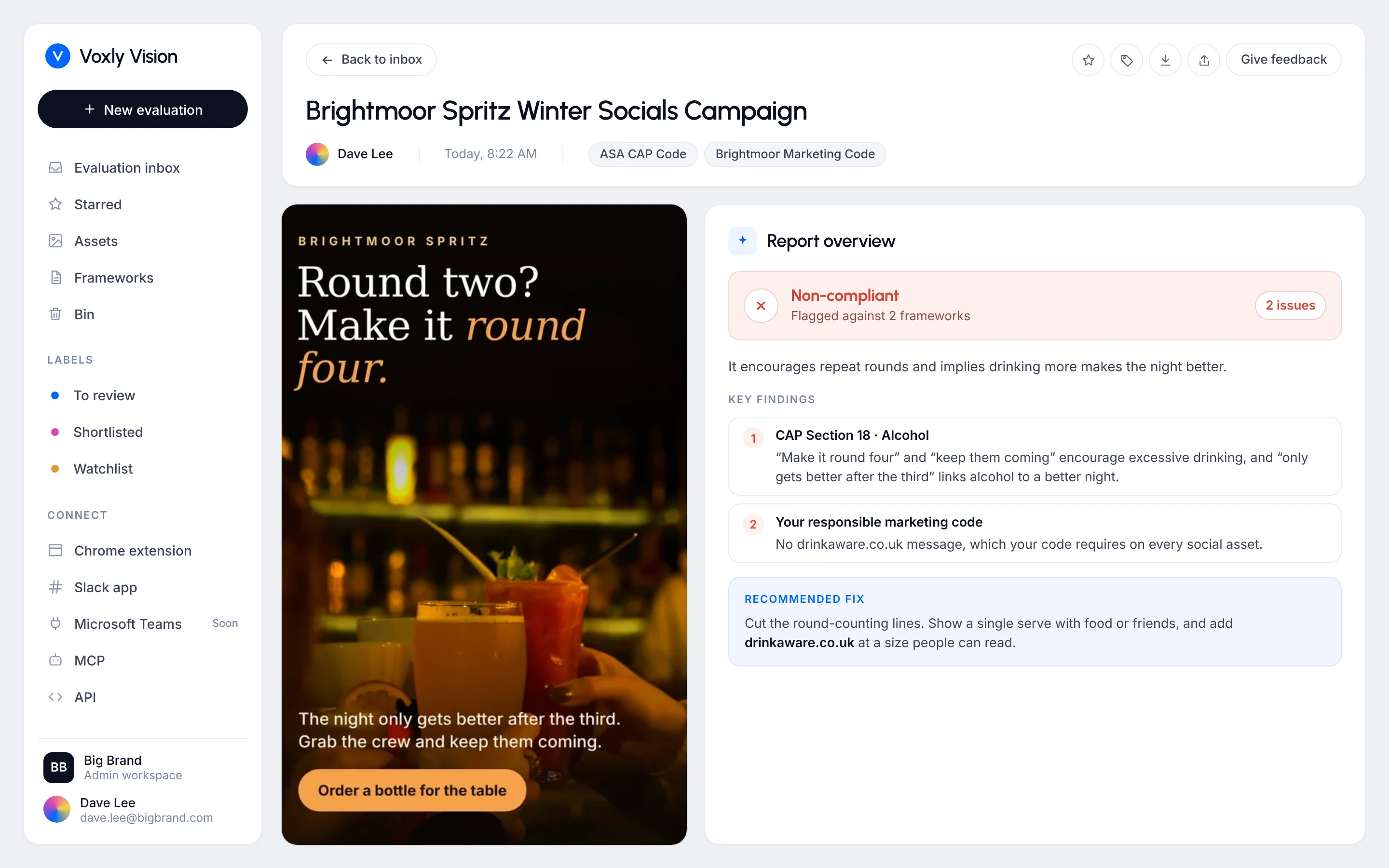 Voxly Vision compliance report for a spritz social ad, flagging copy that encourages excessive drinking and a missing drinkaware.co.uk message