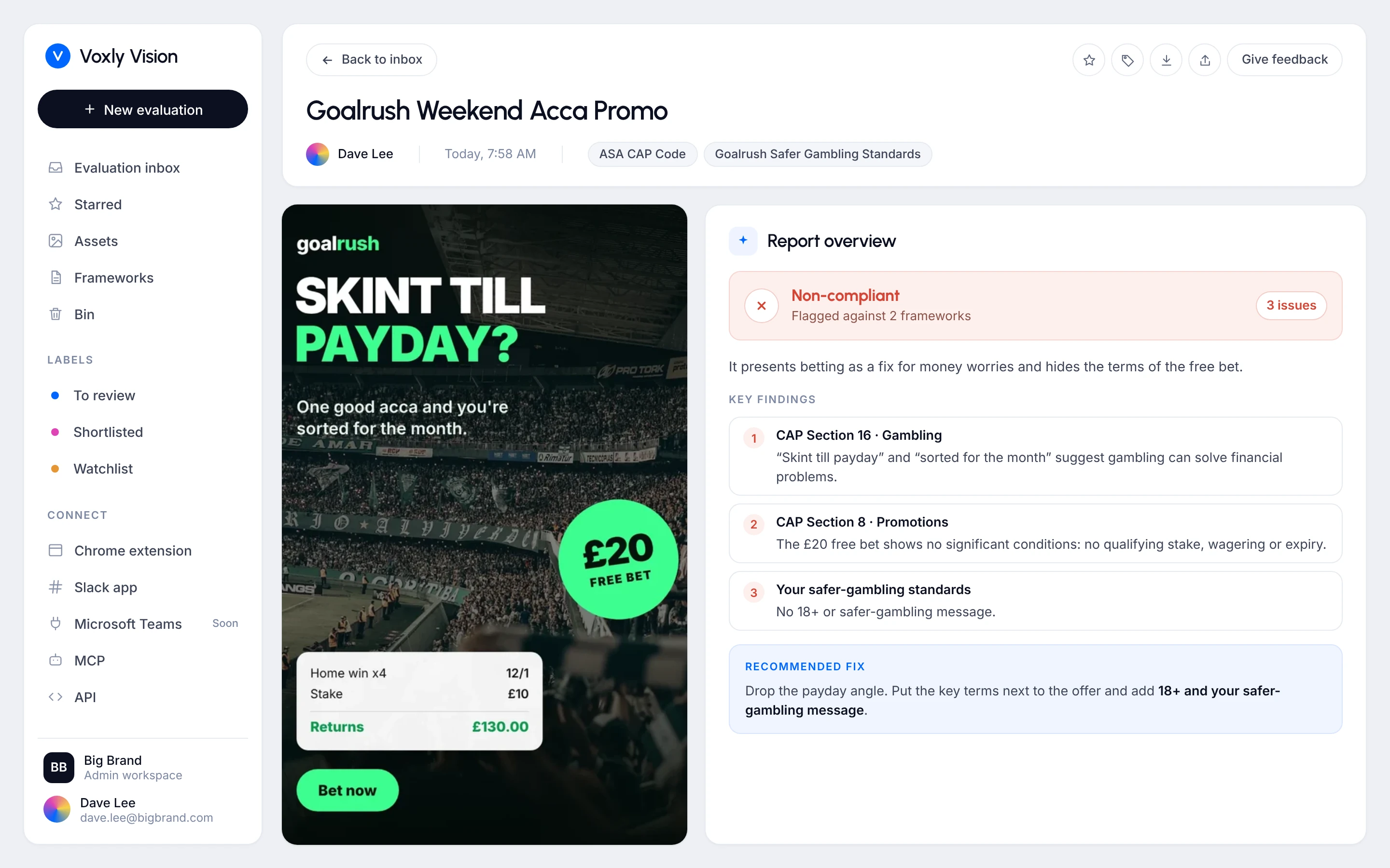 Voxly Vision report for a betting promo, flagged under CAP Section 16 on gambling and for a missing safer-gambling message