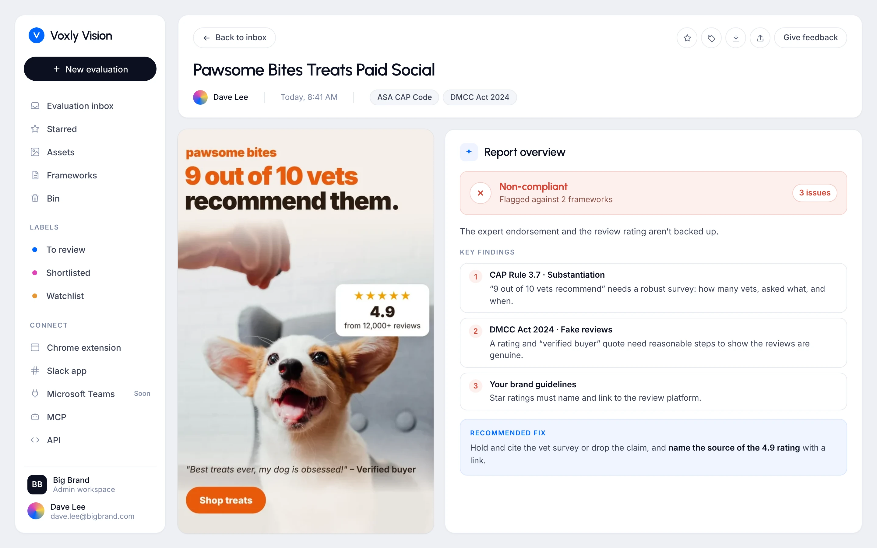 Voxly Vision compliance report for a dog treats ad, flagging an unsupported vet endorsement and unverified review rating