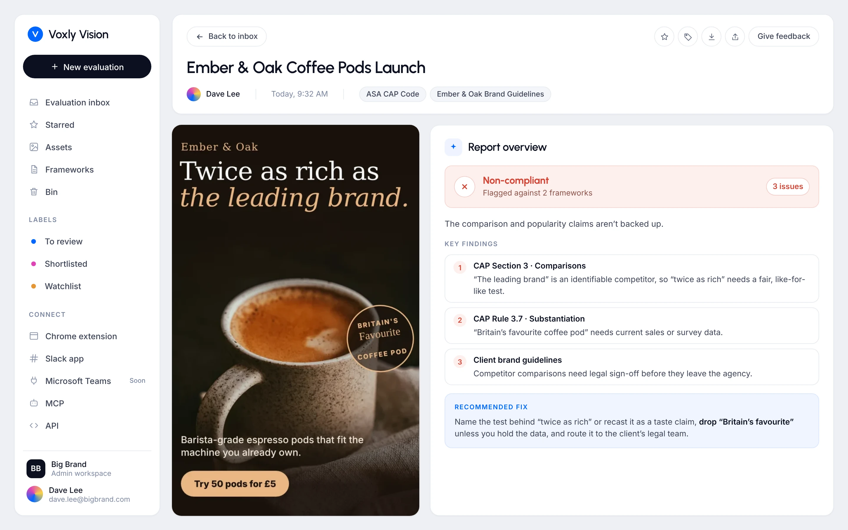 Voxly Vision compliance report for a coffee pod ad, flagging an unverifiable competitor comparison and popularity claim