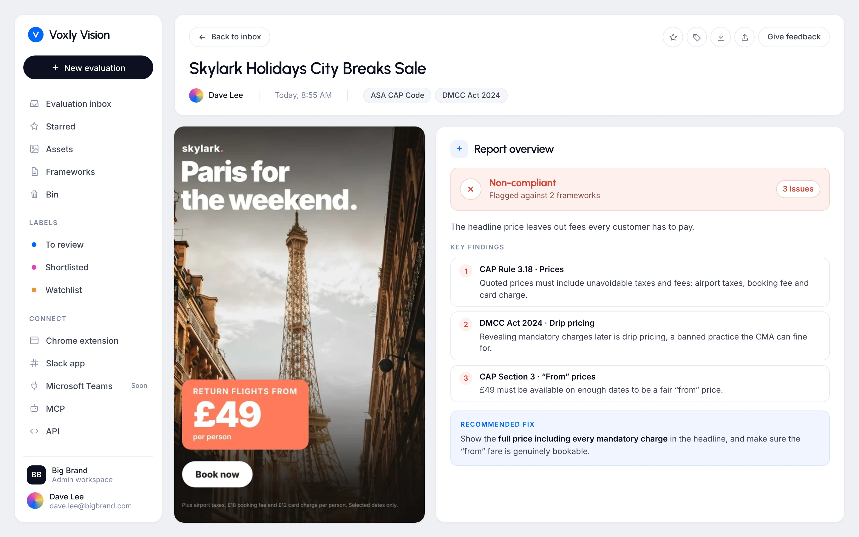 Voxly Vision compliance report for a Paris city break ad, flagging a headline price that leaves out mandatory fees