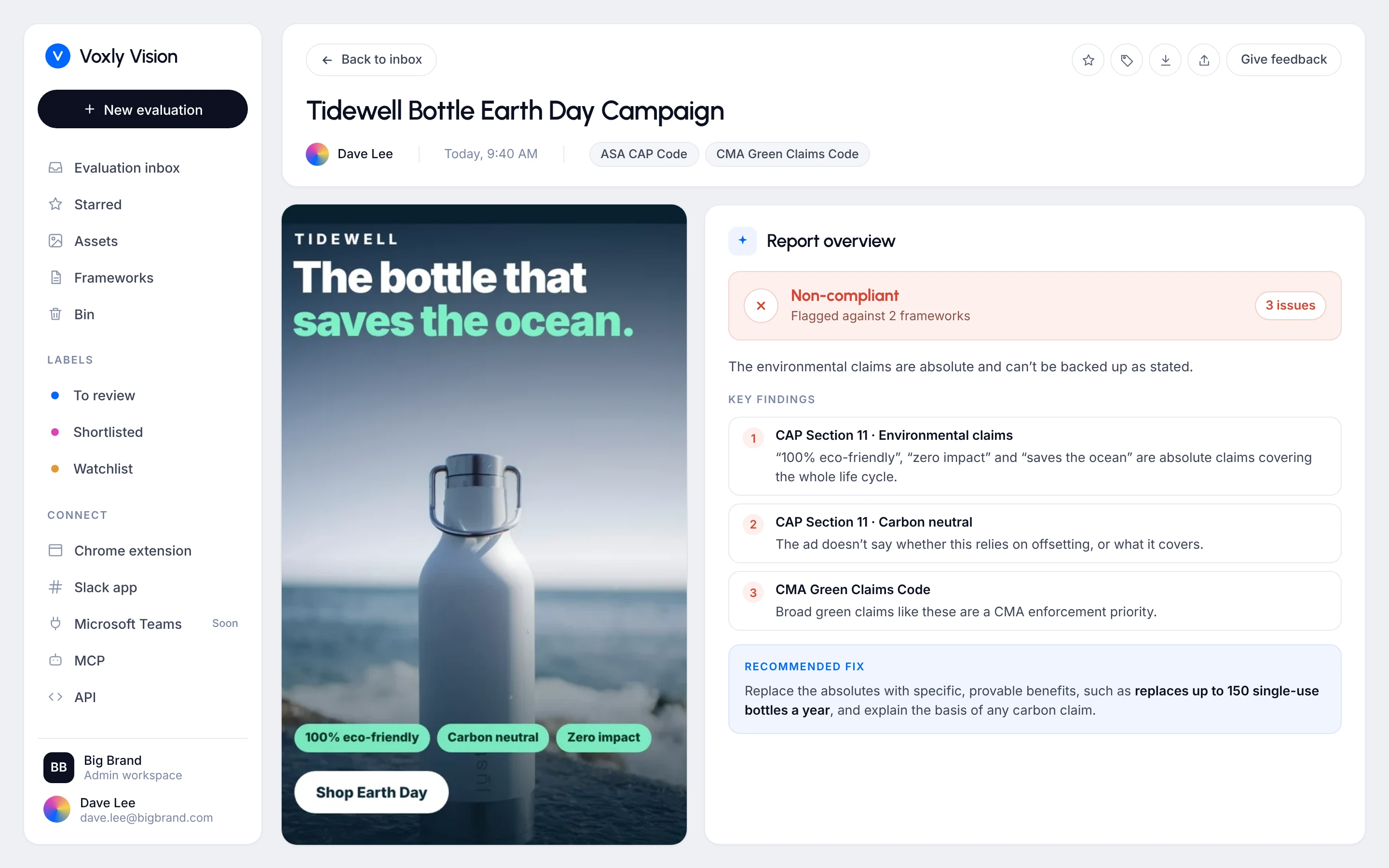 Voxly Vision web app showing a reusable bottle ad next to its Non-compliant report, with each green claim flagged and a suggested fix