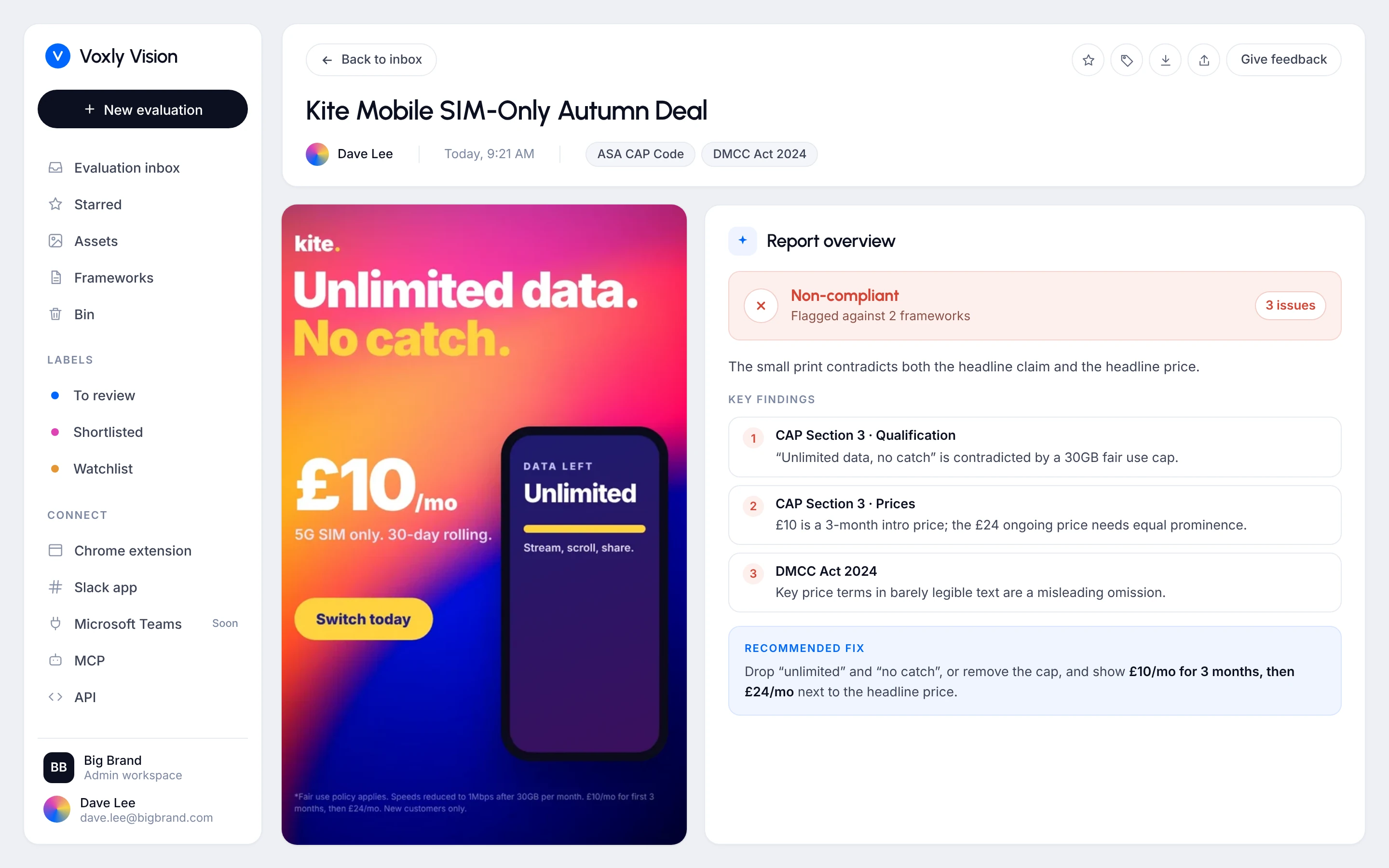 Voxly Vision report for a SIM-only deal, flagged under CAP rules on qualifications and prices and the DMCC Act 2024
