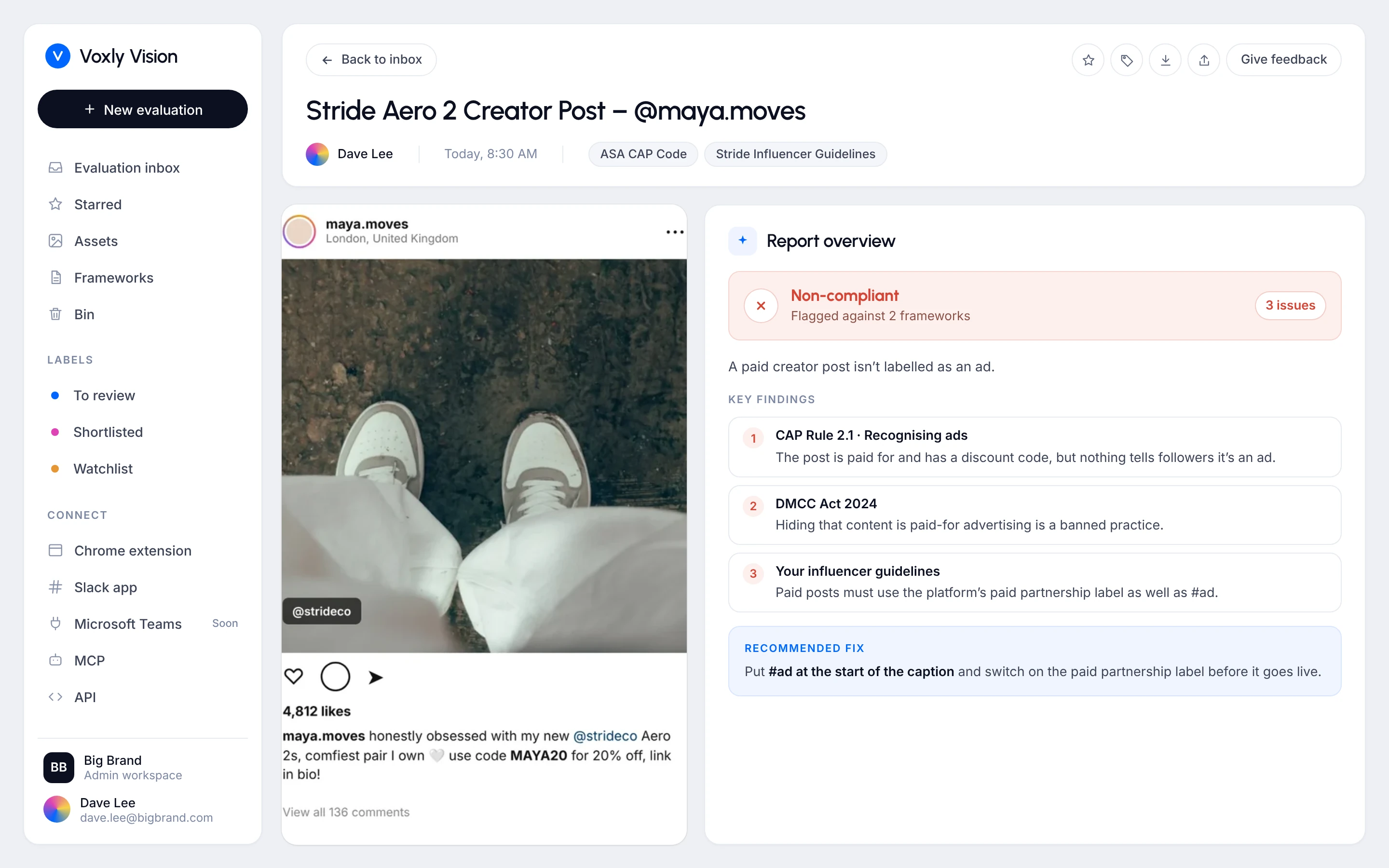 Voxly Vision report for a paid creator post, flagged for a missing ad label under the CAP Code and the DMCC Act 2024