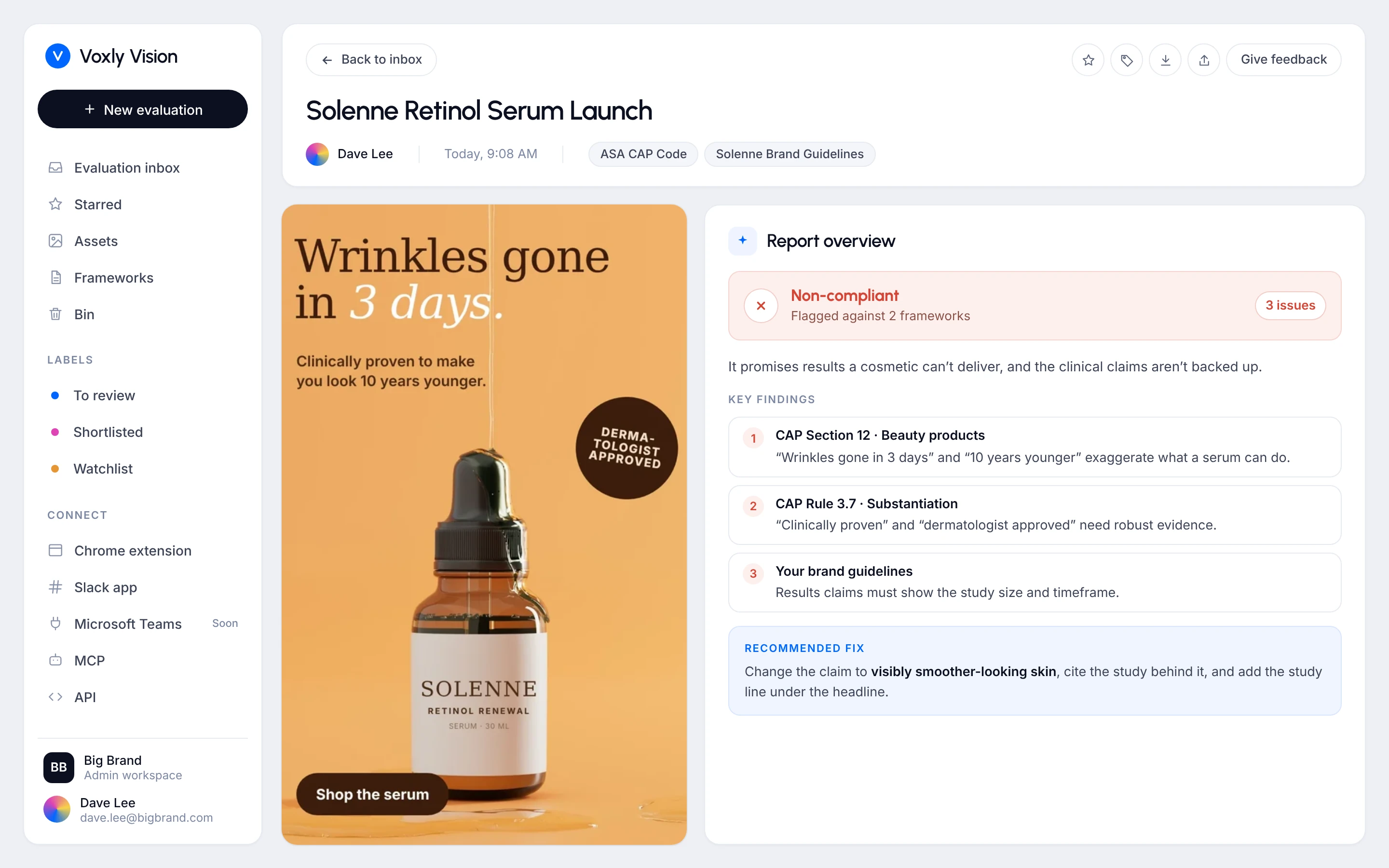 Voxly Vision compliance report for a retinol serum ad, flagging exaggerated anti-ageing results and unproven clinical claims