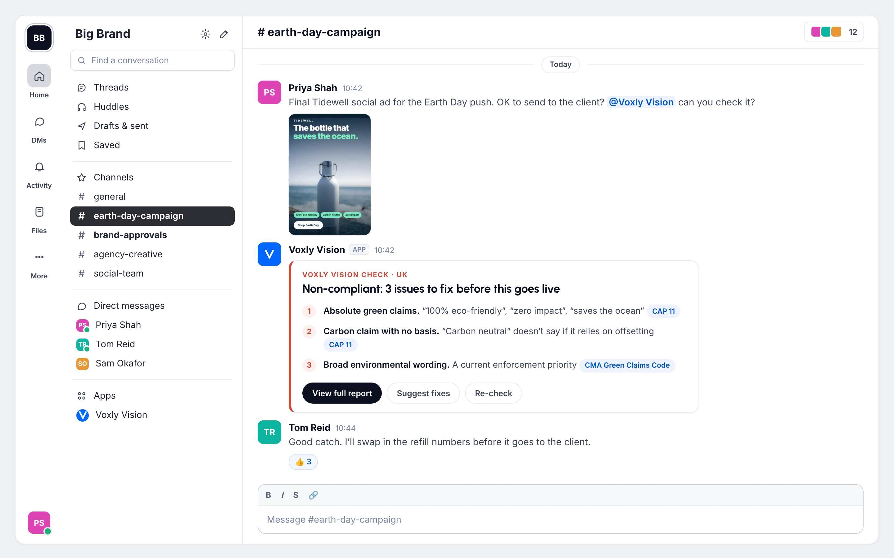 Voxly Vision replying in a Slack channel with a Non-compliant verdict on a reusable bottle ad