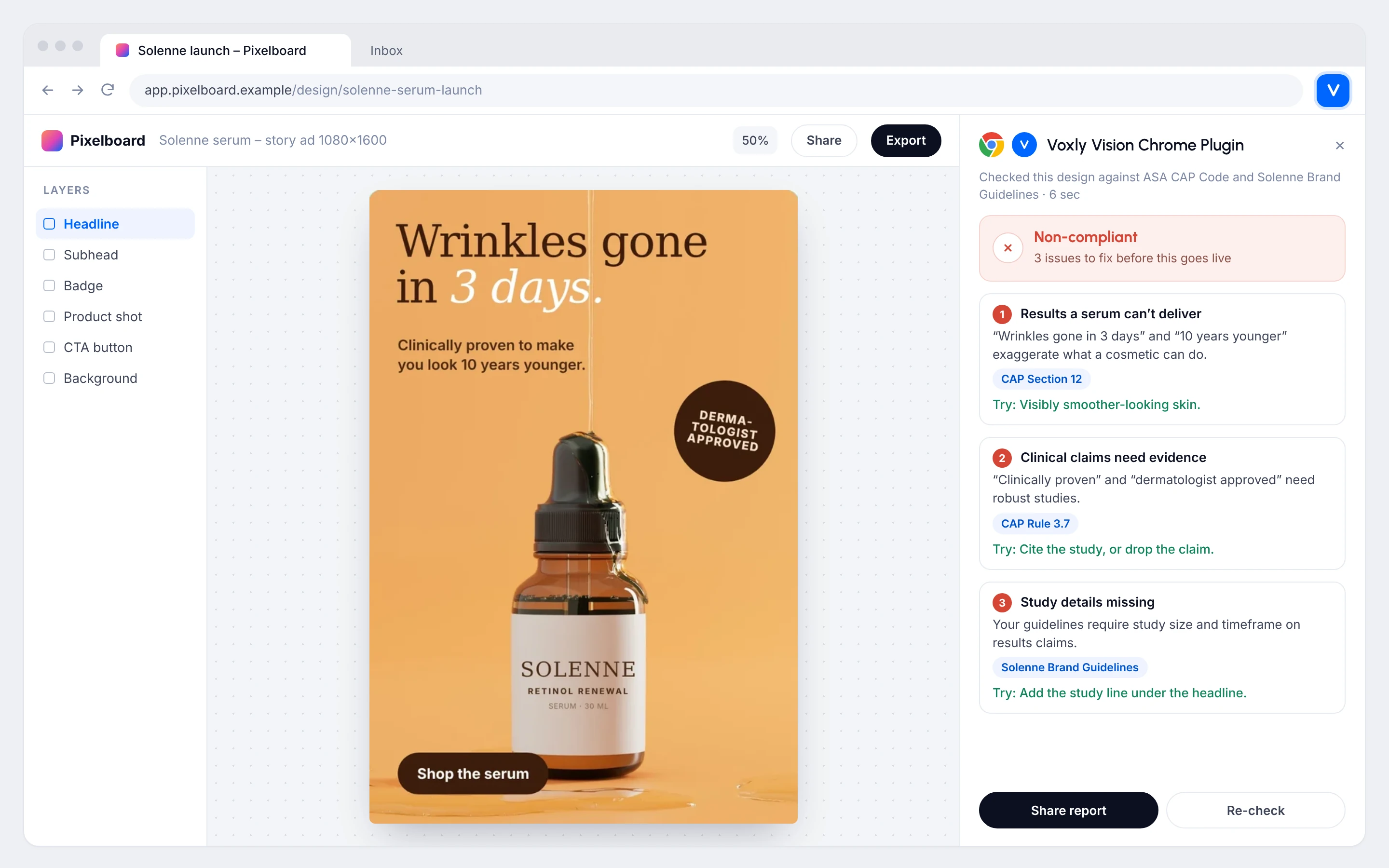 Voxly Vision Chrome plugin side panel flagging three issues on a retinol serum ad in an online design tool