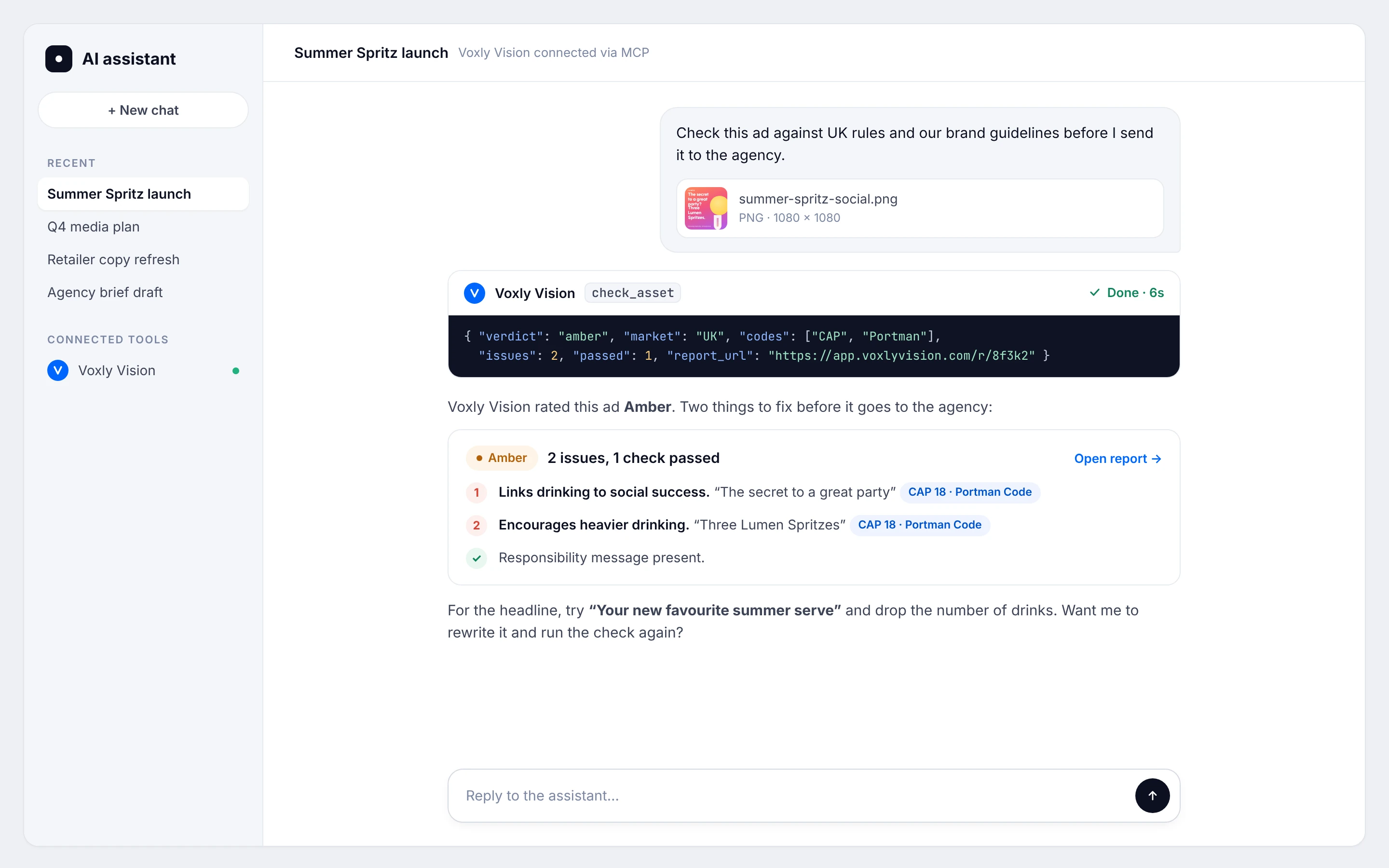 An AI assistant using the Voxly Vision tool to check a drinks ad and explaining two issues