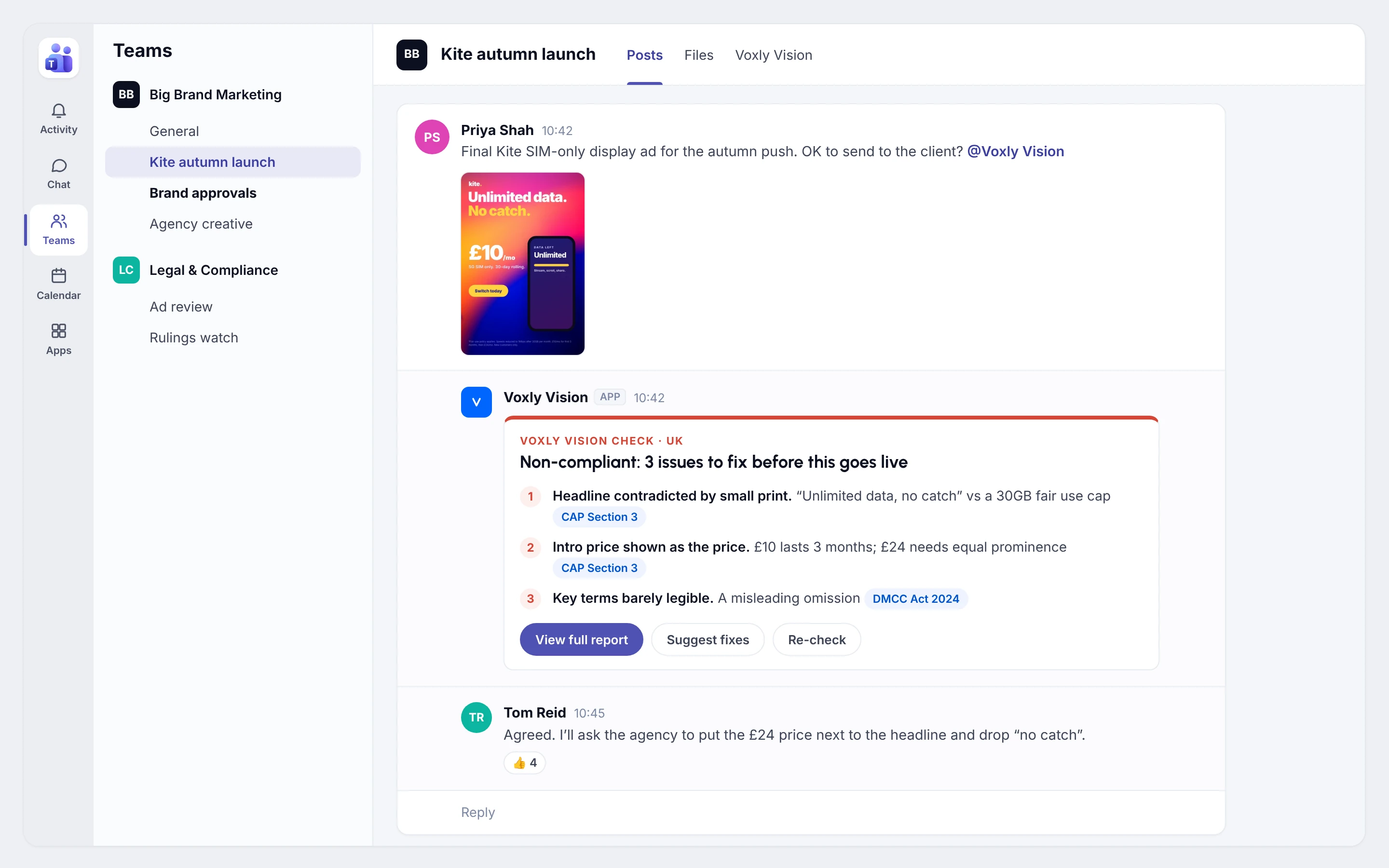 Voxly Vision replying in a Microsoft Teams channel with a Non-compliant verdict on a mobile SIM deal ad