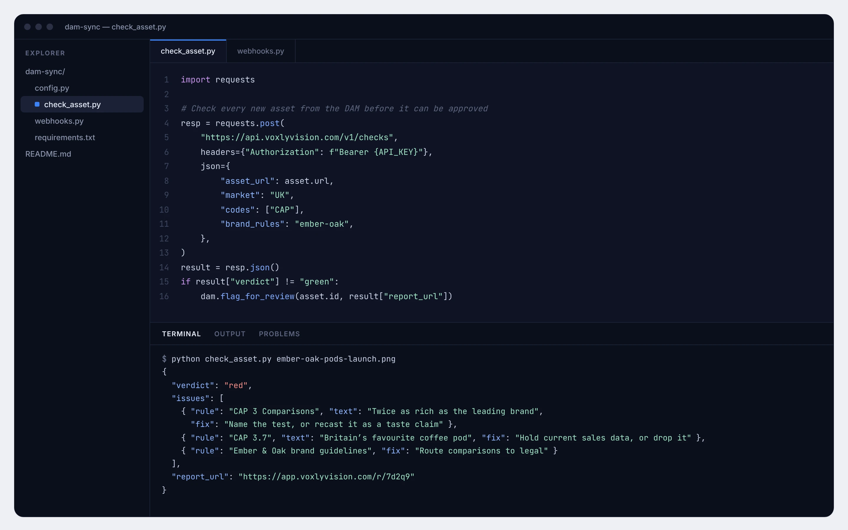 Code editor calling the Voxly Vision API and showing a JSON compliance result for a coffee pod ad