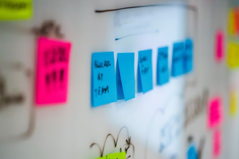 Sticky notes on a whiteboard during a copy brainstorm