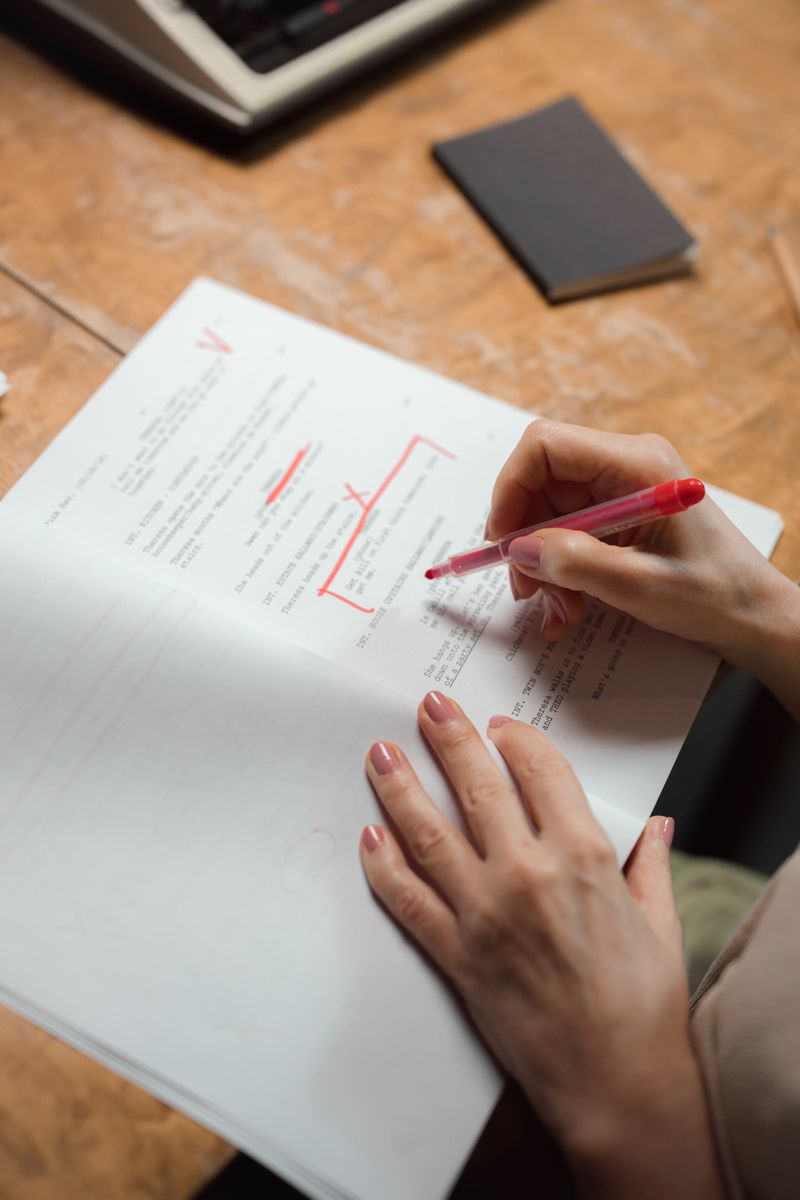 Reviewer marking up a printed draft with a red pen